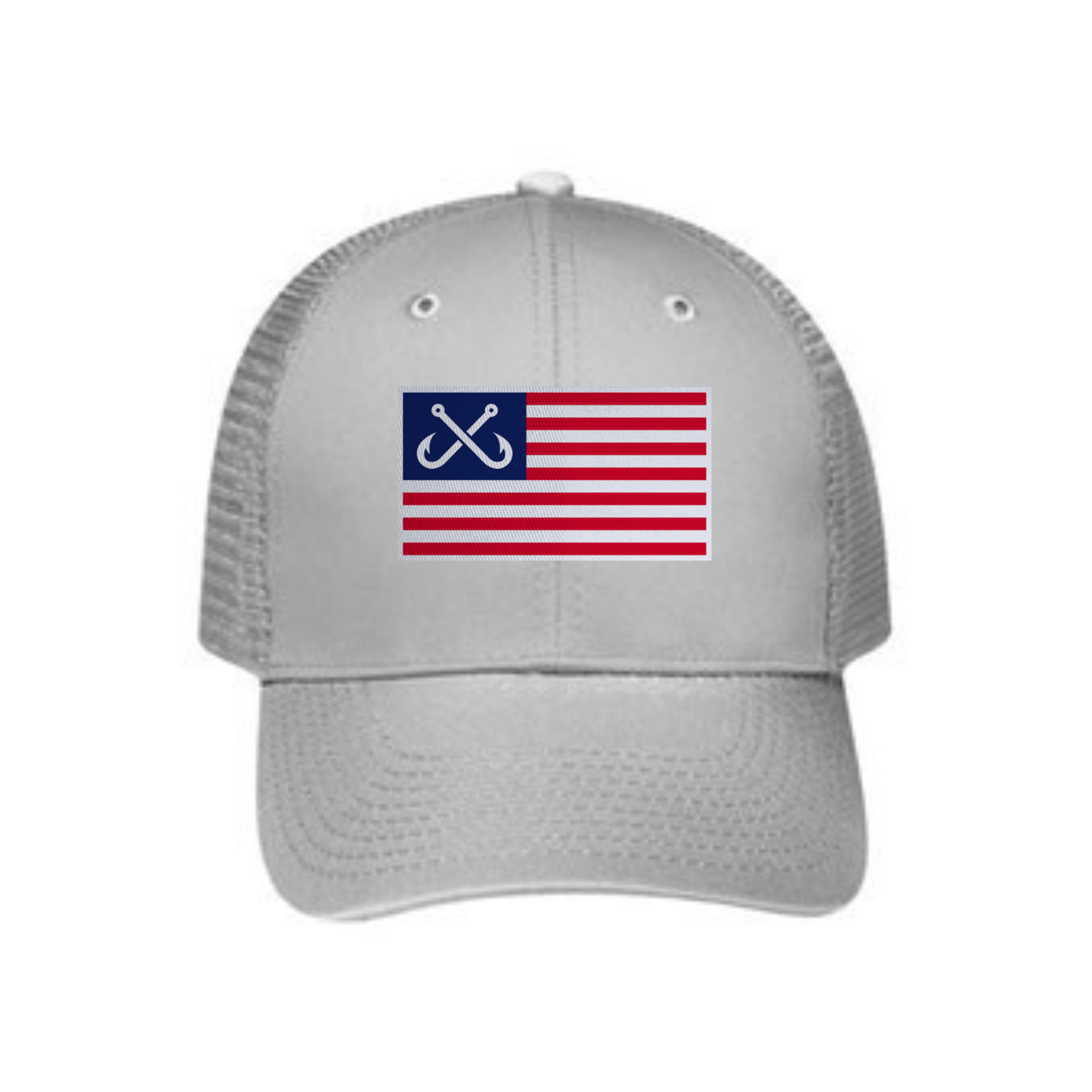 Crossed Hooks American Flag Shield 6 Panel Cotton Twill Pro-Style Snap Back  Trucker Hat - Gray