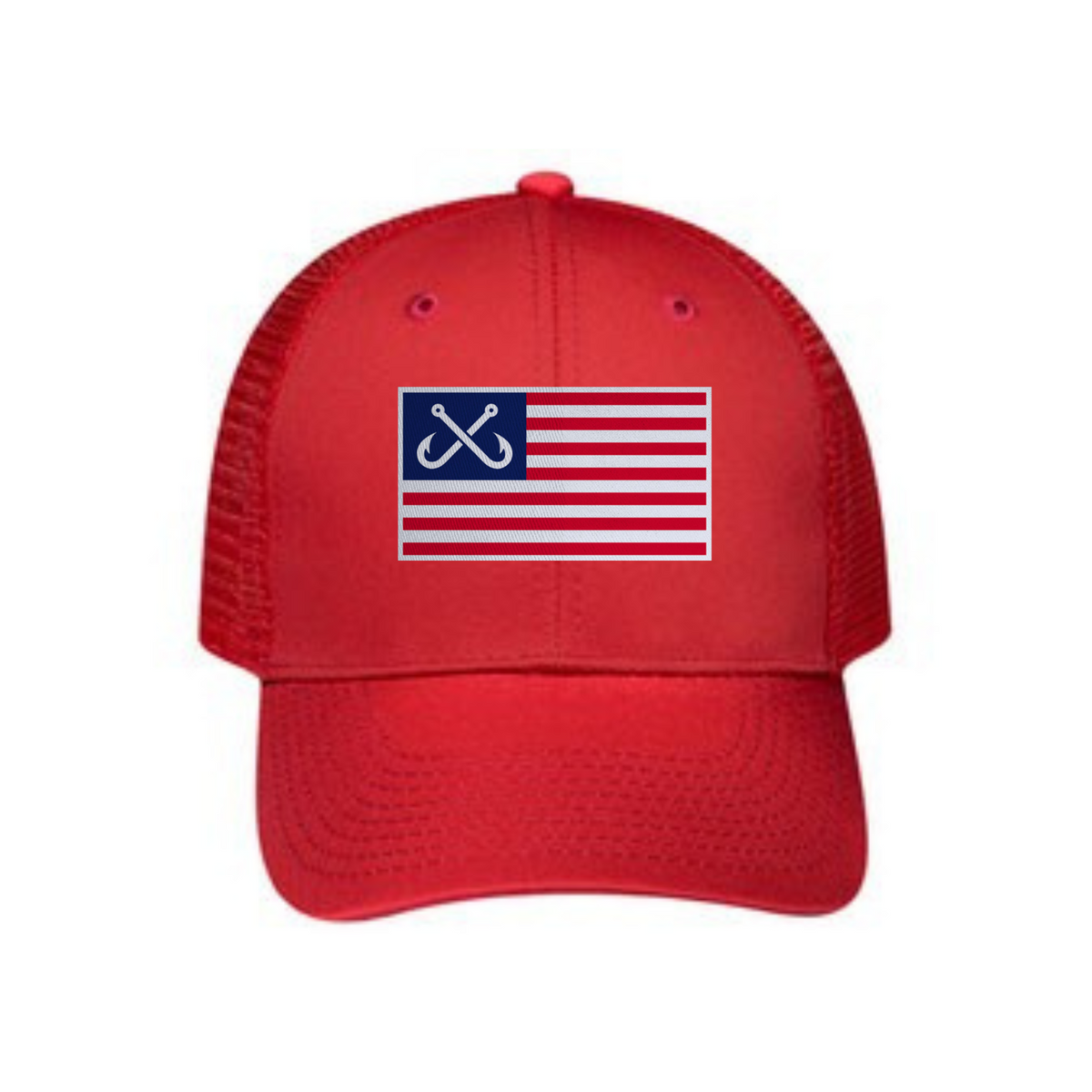 Crossed Hooks American Flag Shield 6 Panel Cotton Twill Pro-Style Snap Back Trucker Hat