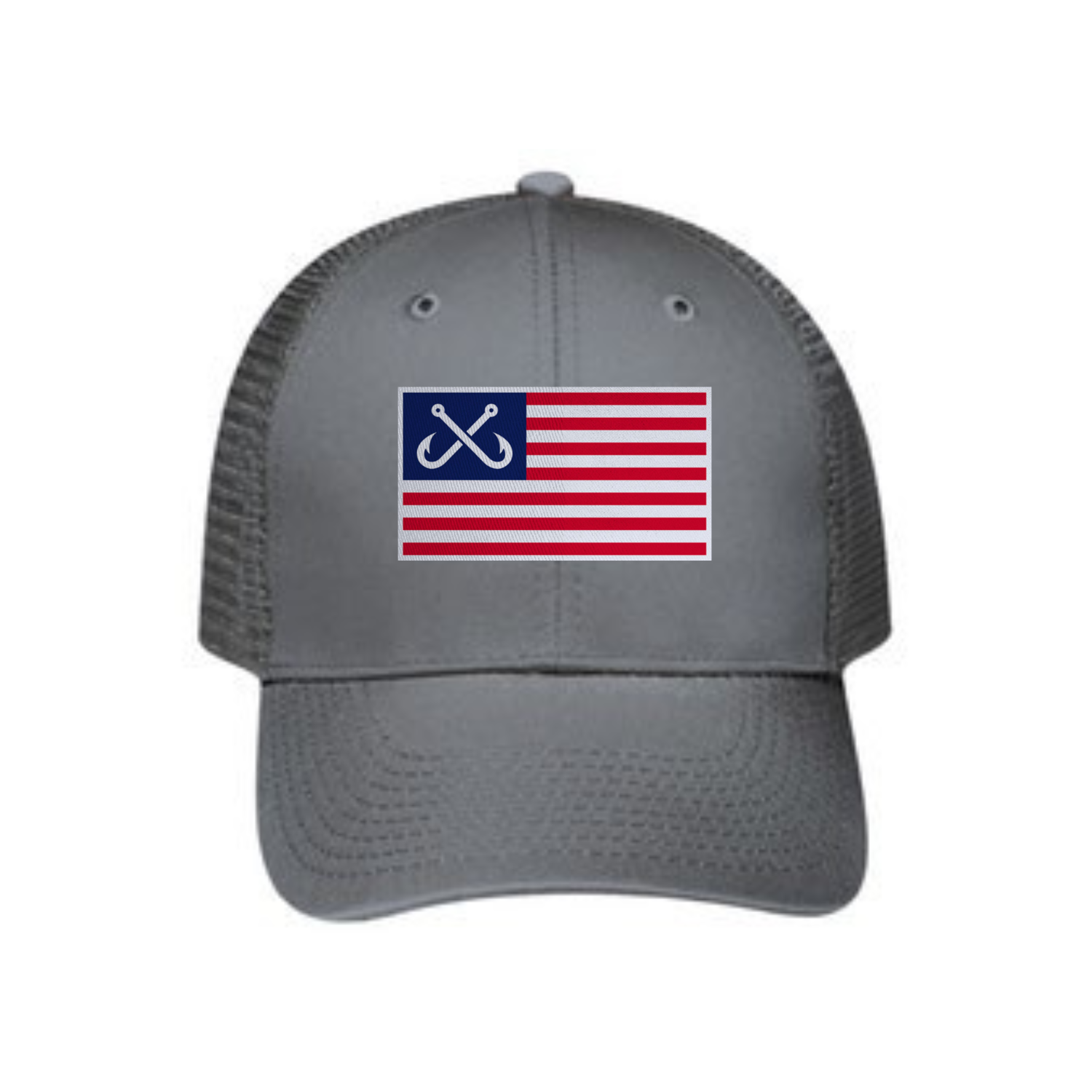 Crossed Hooks American Flag Shield 6 Panel Cotton Twill Pro-Style Snap Back Trucker Hat