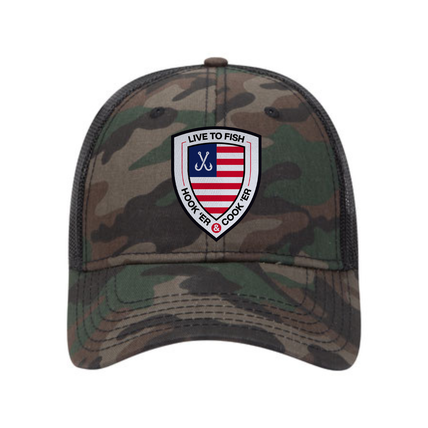 Crossed Hooks Flag USA Made 6 Panel Cotton Twill Pro-Style Snap Back Trucker Hat