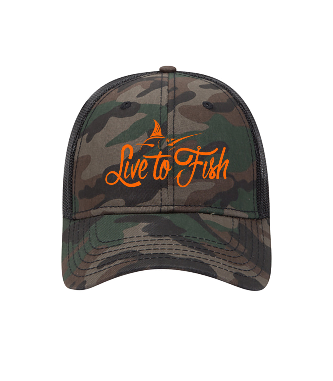 Live to Fish Marlin Camo Orange Embroidered 6 Panel Cotton Twill Pro-Style Snap Back Trucker Hat